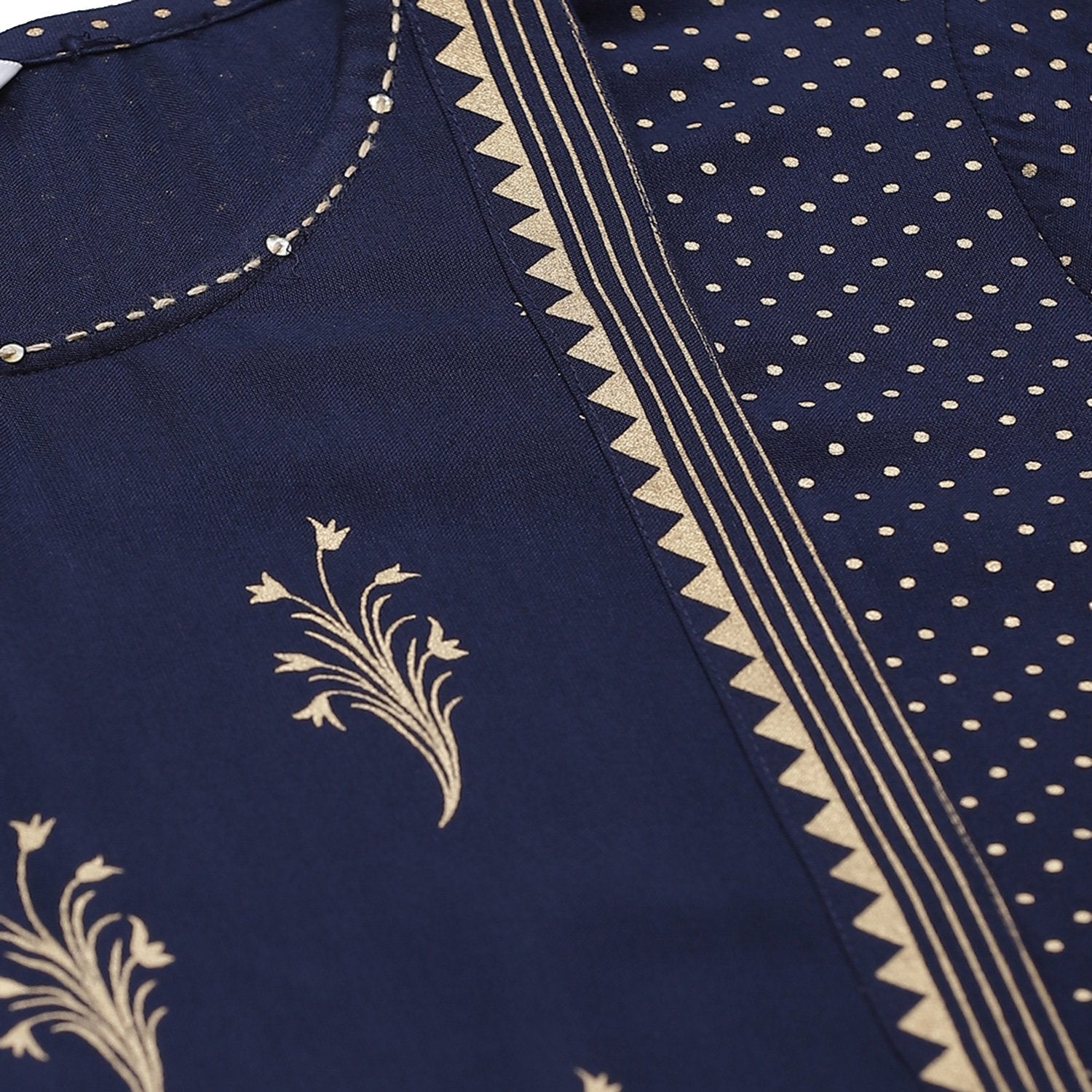 Women's Navy Blue Rayon Gold Print Printed 3/4 Sleeve Round Neck Casual Kurta Only - Myshka