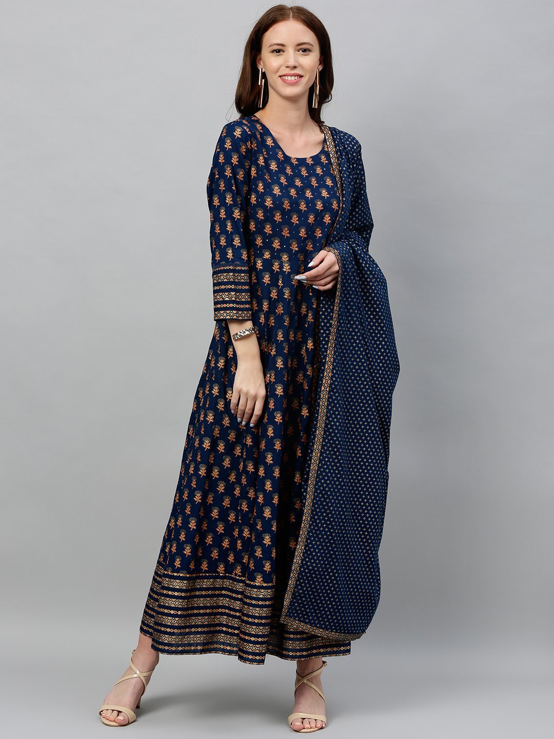 Women's Foral Printed Anarkali Kurta & Dupatta Set Blue Color With Waist Tie-Up Detail - Kipek