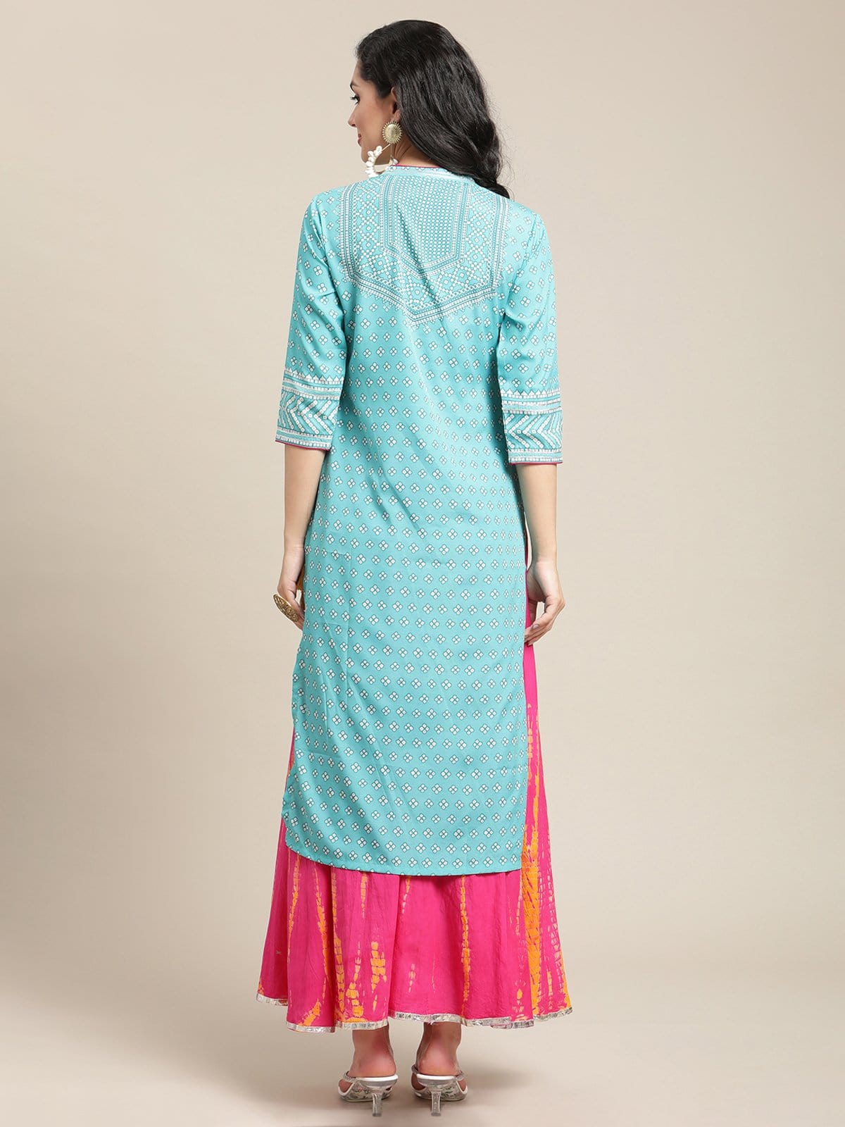 Women's Turquoise Bandhej Printed Kurta With Gota Embellished Yoke - Varanga