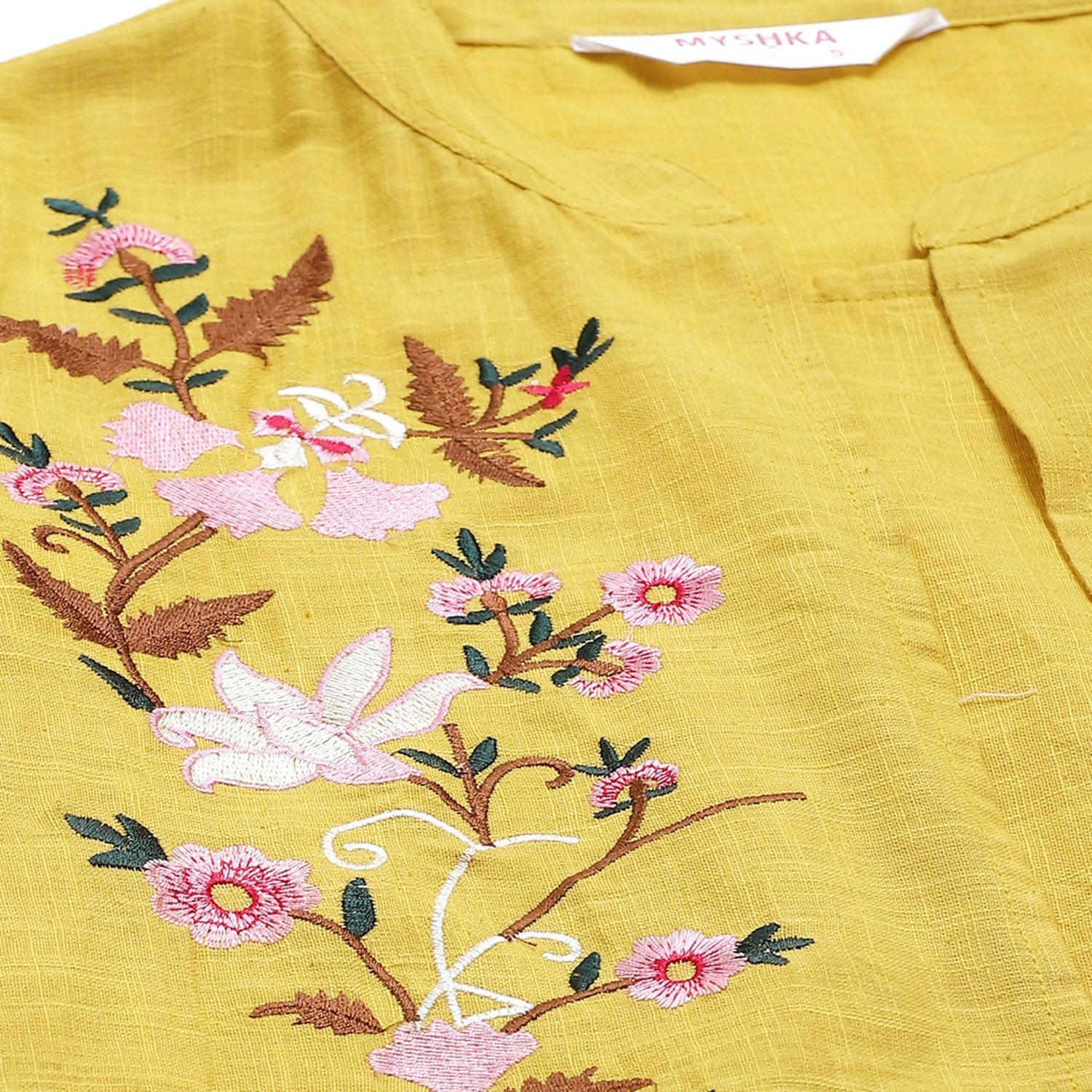 Women's Yellow Cotton Slub Printed Sleeveless Round Neck Casual Dress - Myshka
