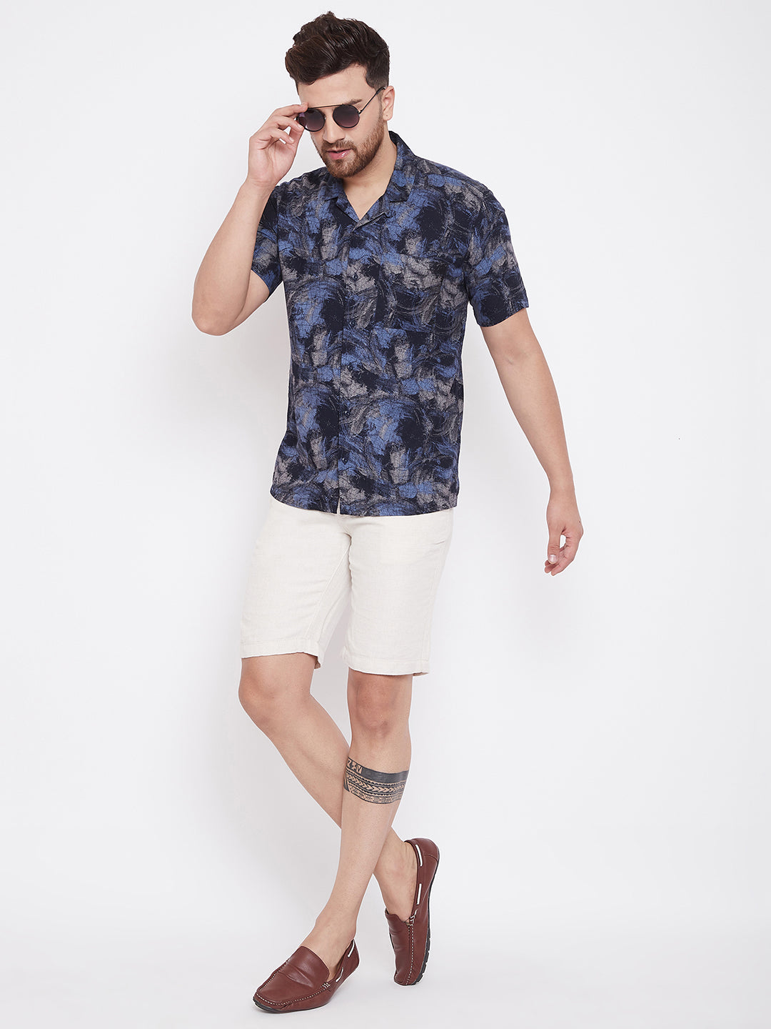 Men's Navy Blue Summer Cuban Collar Shirt