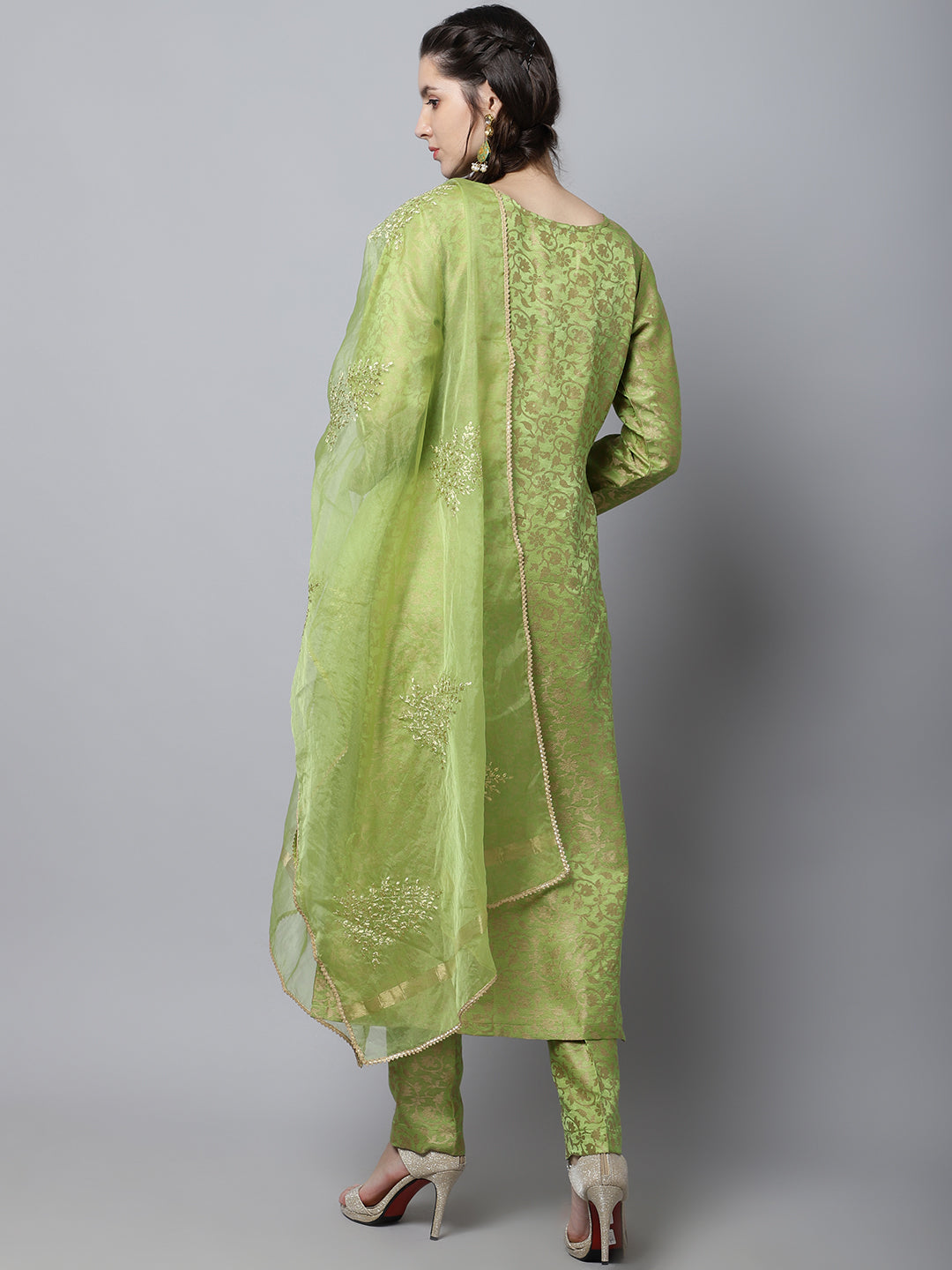 Women's Maharani Green Embroidered Kurti With Straight Pants And Organza Dupatta - Anokherang