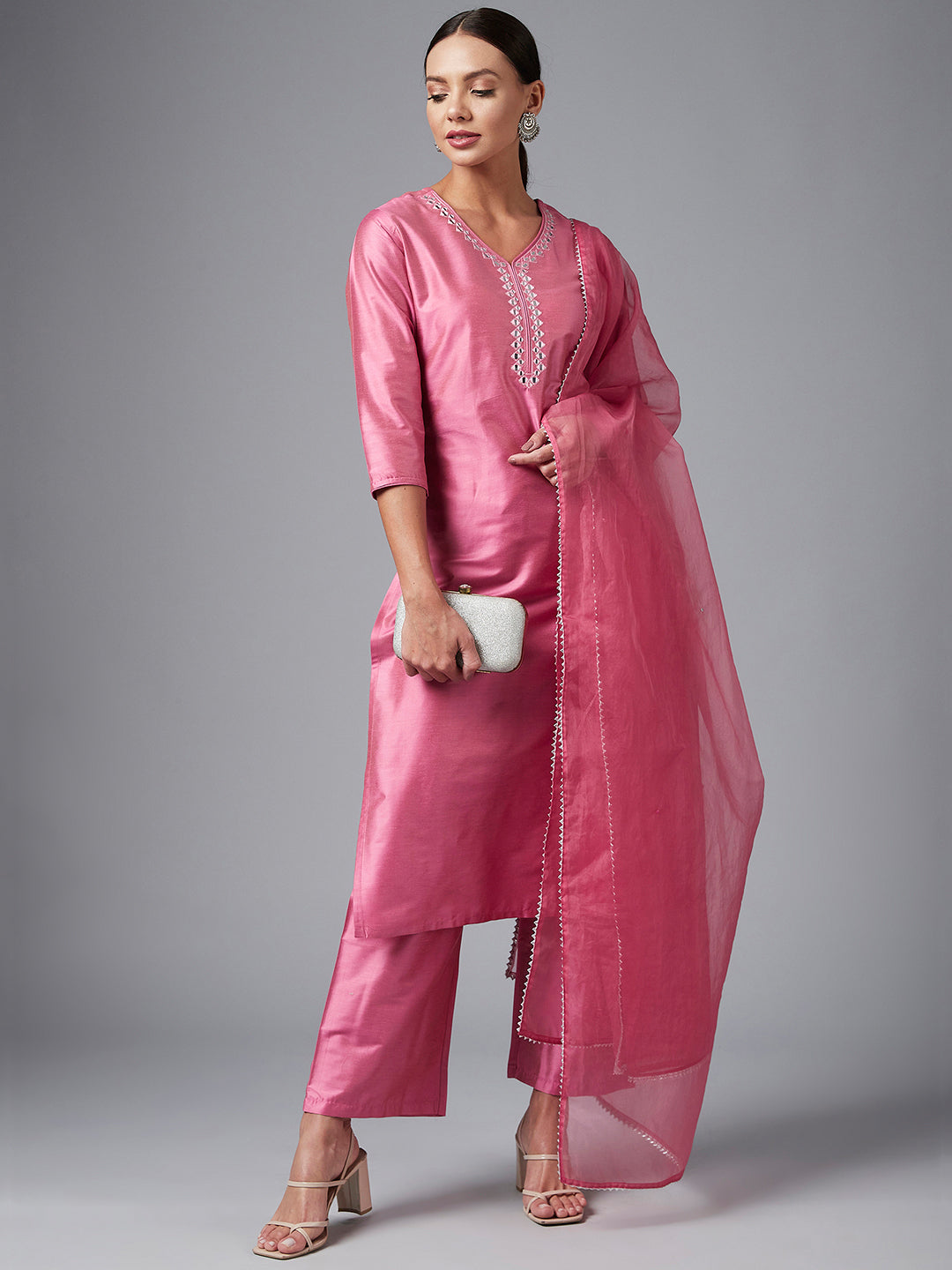 Women's Pink Solid Embroidred Side Slit Straight Kurta Palazzo And Dupatta Set - Azira