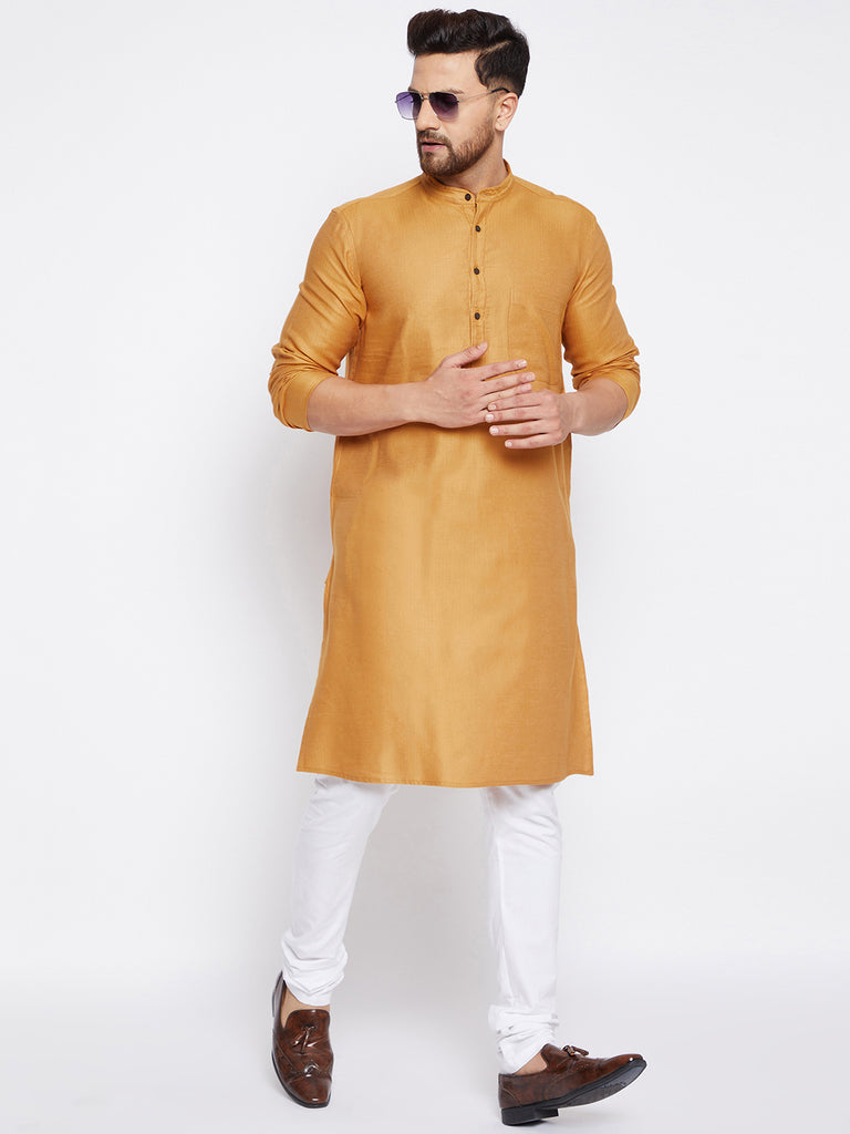 Men's Woven Design Yellow Straight Kurta
