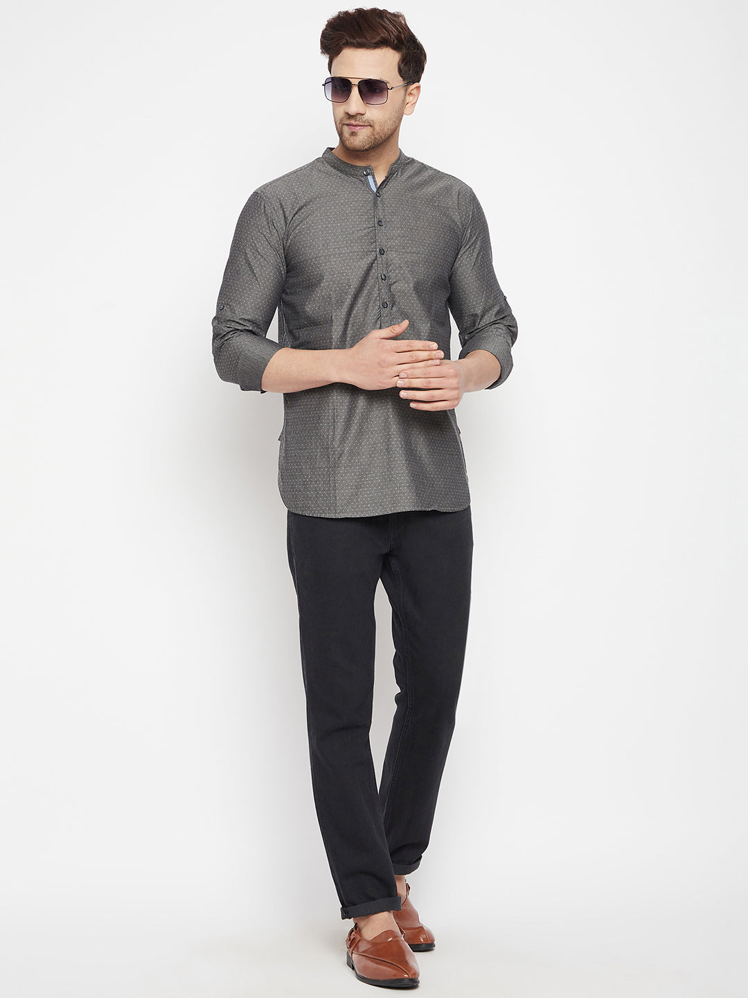 Men's Grey Color Short Kurta with Band Collar - Even Apparels