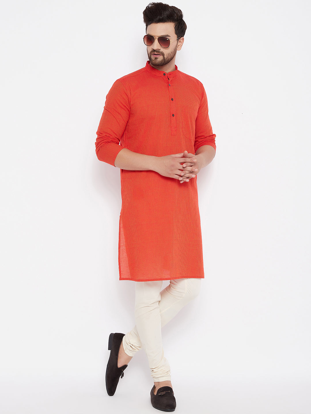 Men's Pure Cotton Striped Orange Kurta - Even Apparels