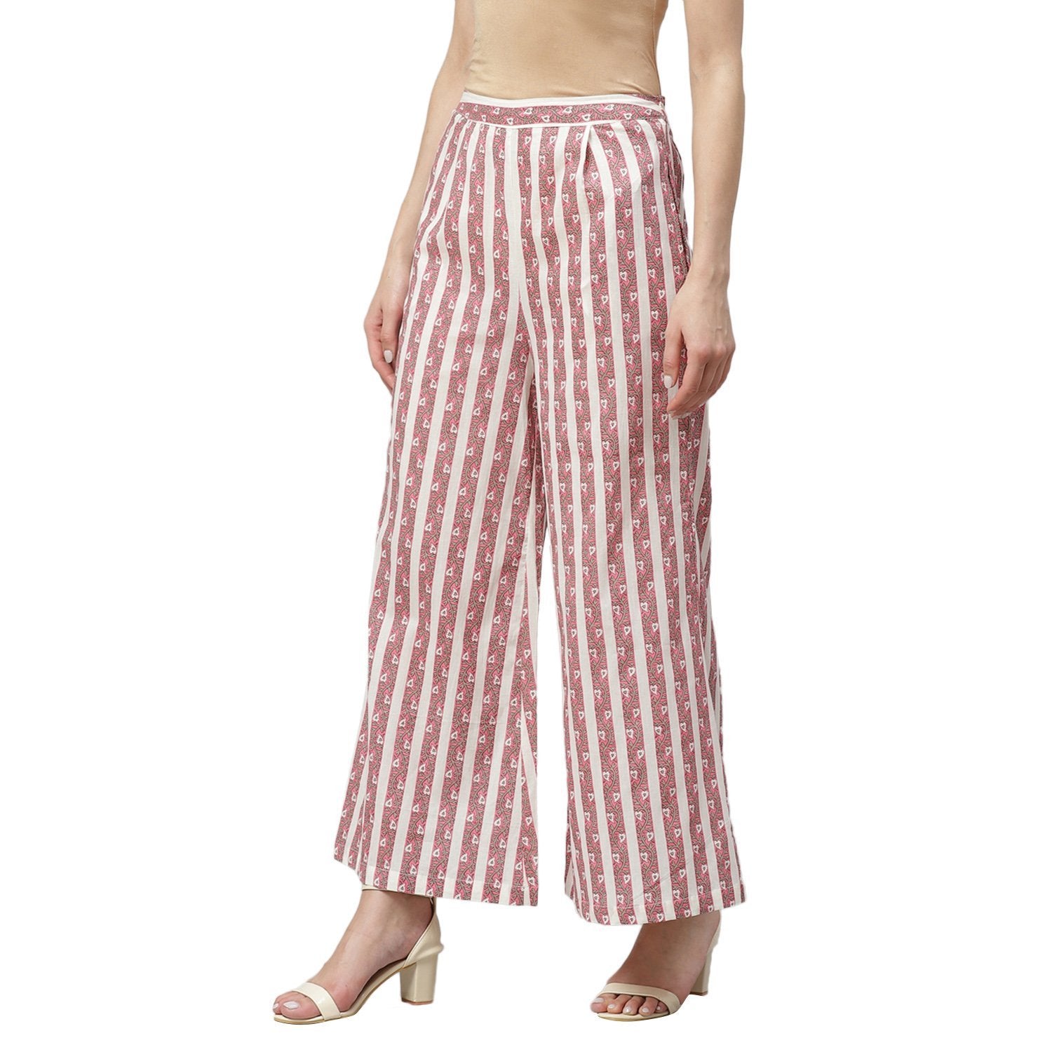 Women Pink Cotton Striped Trouser by Myshka (1 Pc Set)