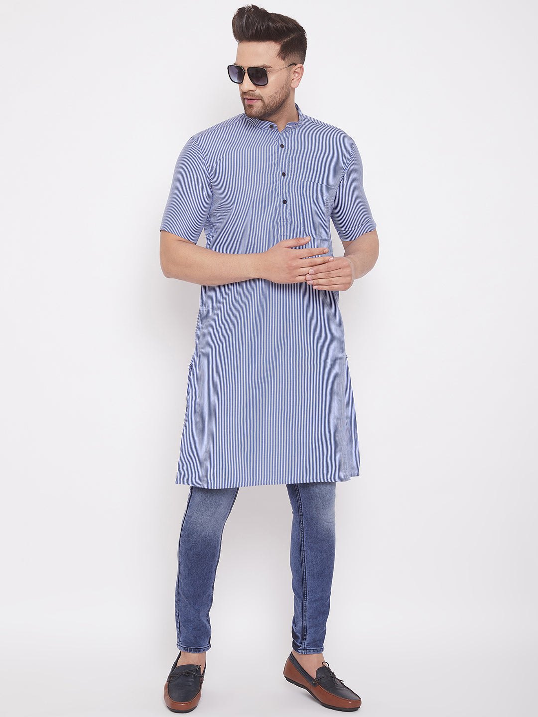 Men's Striped Blue Cotton Kurta