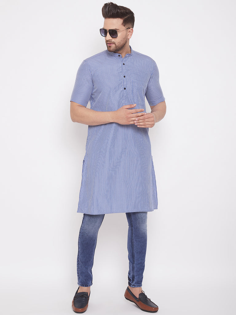 Men's Striped Blue Cotton Kurta