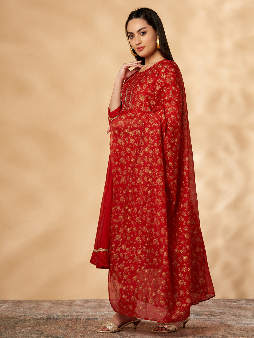Women's Red Embroidered Kalidar Kurta Set - IMARA