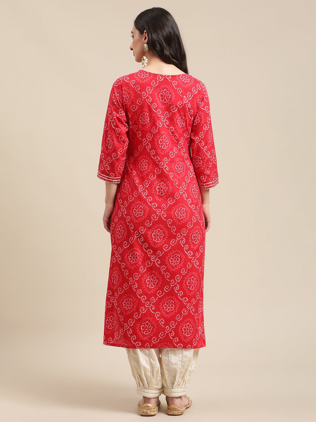 Women's Red And White Bandhej Printed Zari Embroidered Straight Kurta - Varanga