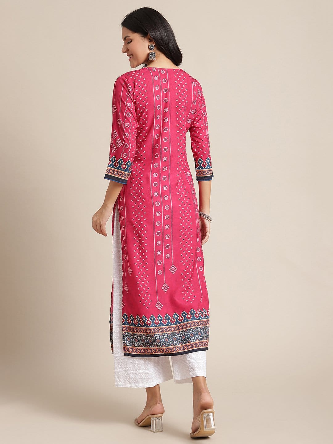 Women's KSUT Pink And Cream Bandhani Printed Straight Kurta With 3/4Th Sleeves - Varanga