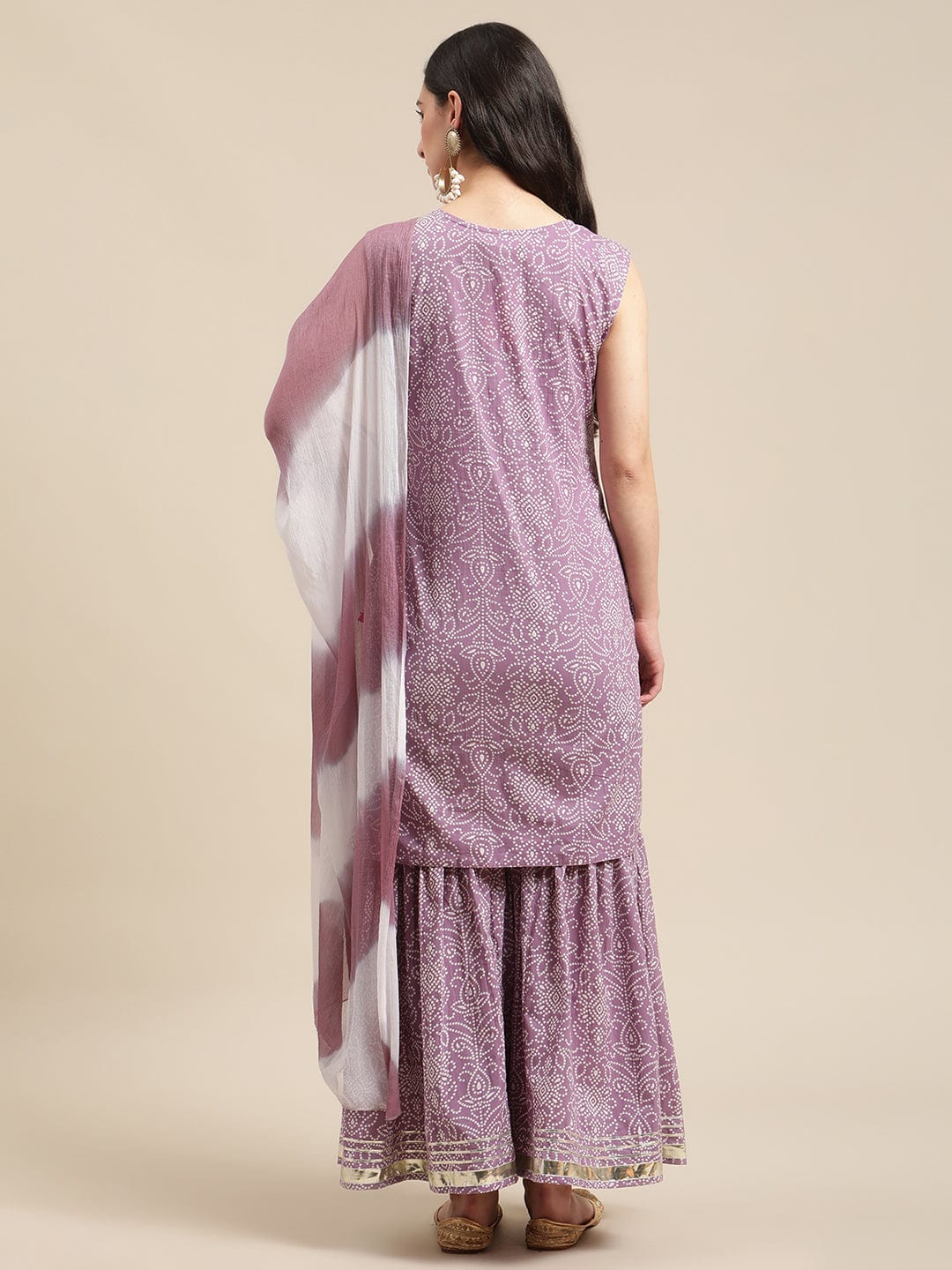 Women's Lavender Bandhej Kurta Sharara Set With Tye And Dye Dupatta And Heavy Gota Embellishment - Varanga