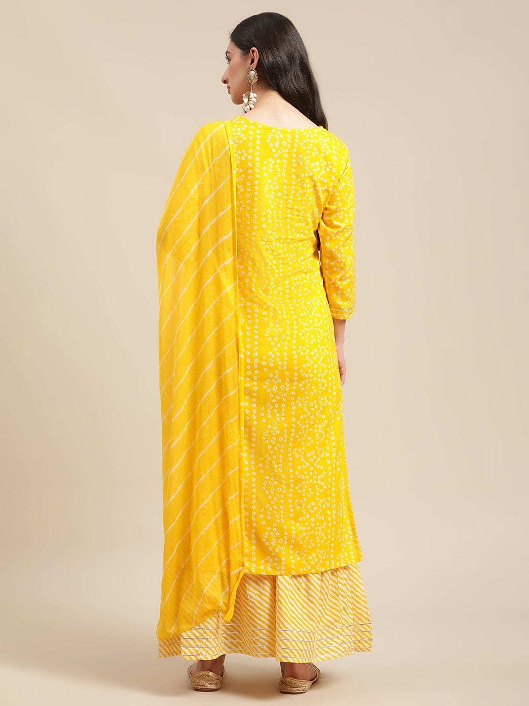 Women's Yellow And White Zari Embroidery Leheriya Kurta Sharara Set With Leheriya Dupatta. - Varanga