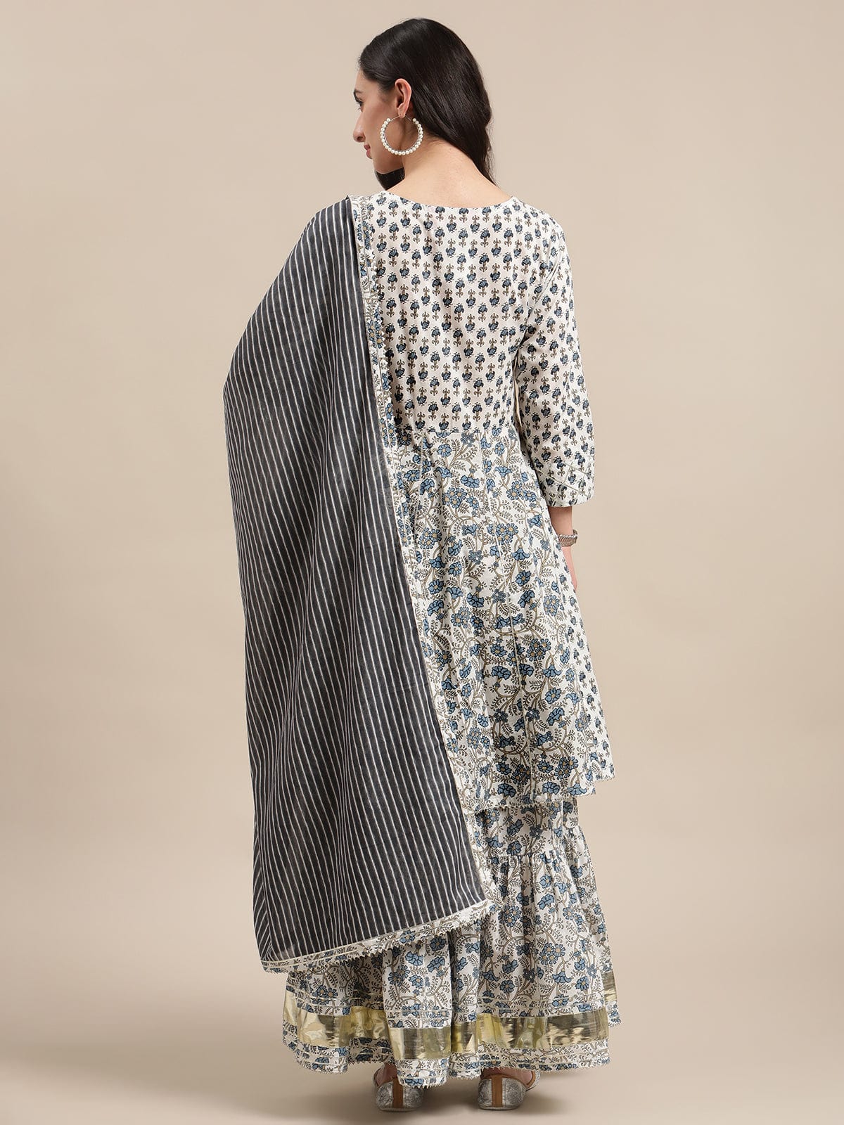 Women's White And Blue Floral Printed Anraklai Kurta Sharara Set With Stripe Dupatta - Varanga