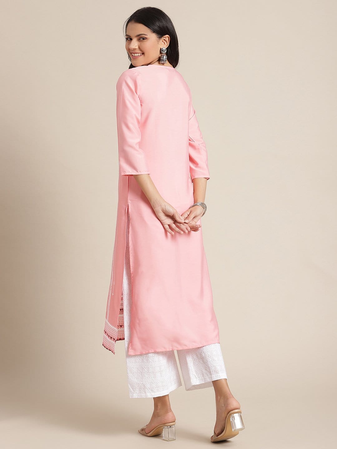 Women's KSUT Pink And White Geometric Printed Straight Kurta With 3/4Th Sleeves - Varanga