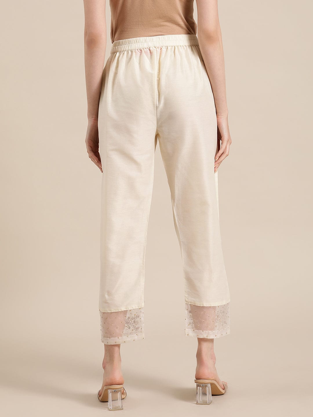 Women's Off White Silk & Organza Zari Embellished Trousers - Varanga
