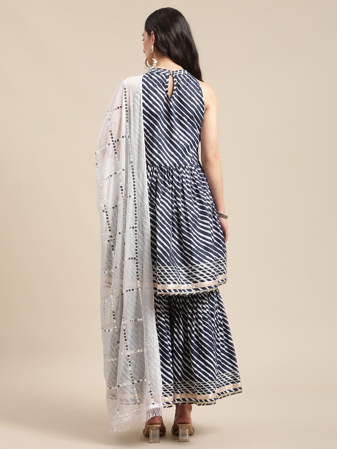 Women's Blue And White Leheriya Halter Neckline Gota Work Kurta With Sharara And Sequins Emebllished Dupatta - Varanga