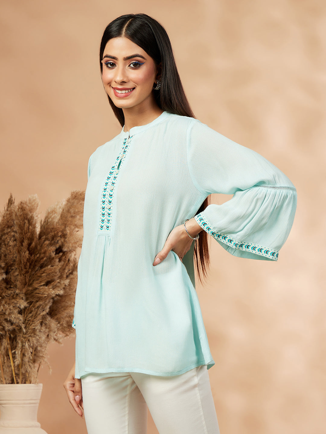 Women's Solid Turquoise Pink Gathered Top - IMARA