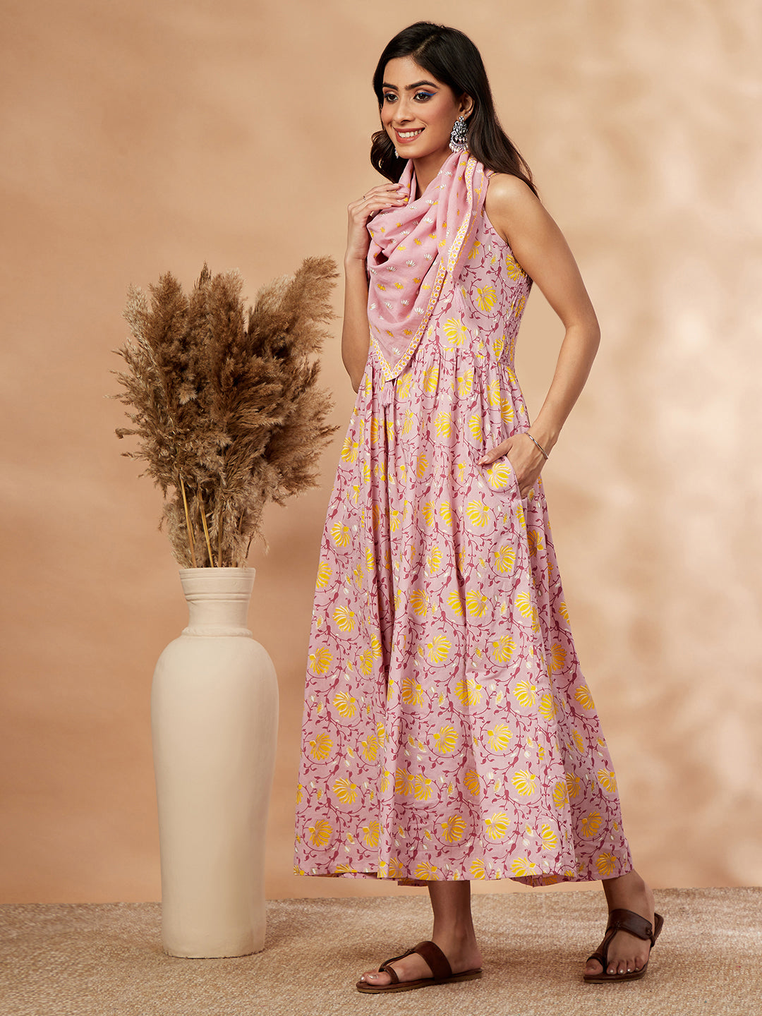 Women's Floral Print Pink Sleeveless Gathered Dress - IMARA