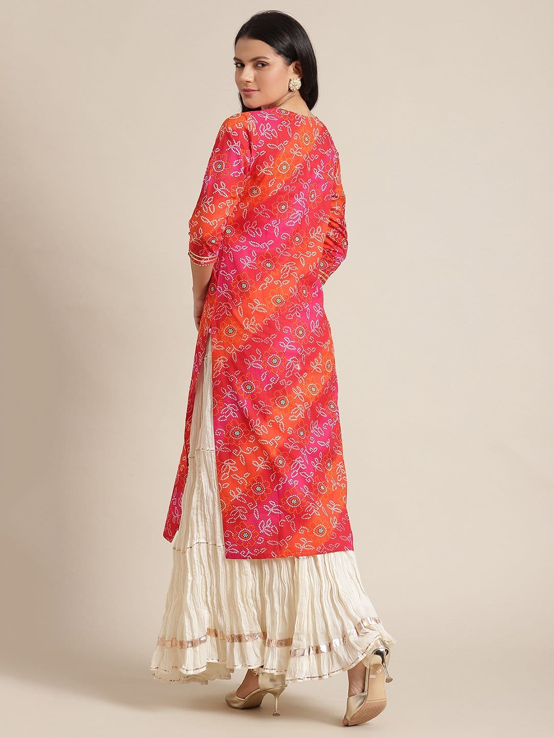 Women's KSUT Pink And Orange  Bandhani Zari Embroidery Kurta With Gota Embellished Sleeves - Varanga