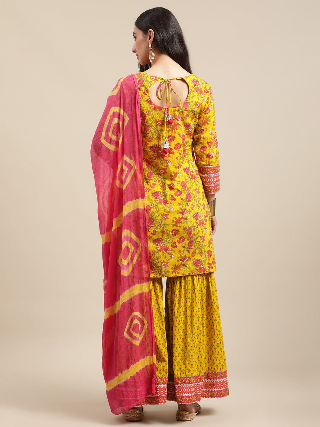 Women's Mustard Floral Gota Embellished Printed Kurta Sharara Set With Pink Tie N Dye Dupatta - Varanga