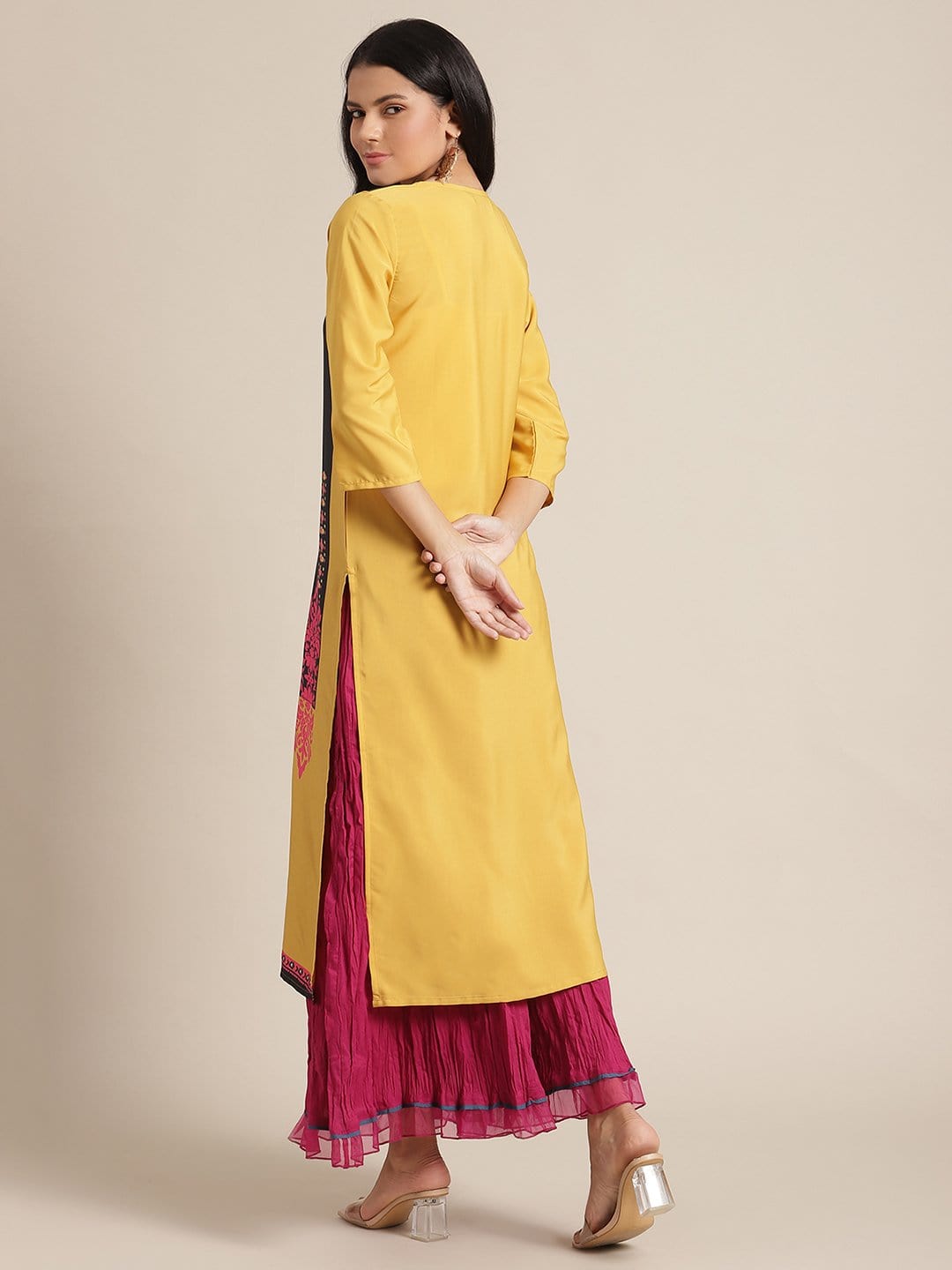 Women's KSUT Yellow And Black Abstract Printed Straight Kurta With 3/4Th Sleeves - Varanga