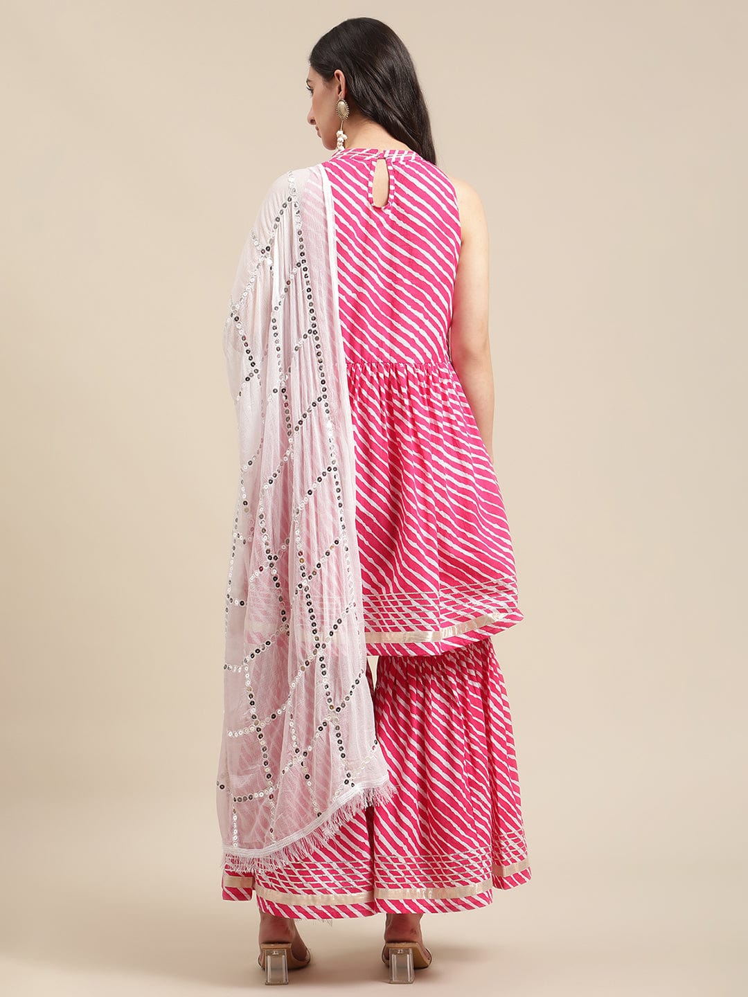 Women's Pink And White Leheriya Halter Neckline Gota Work Kurta With Sharara And Sequins Emebllished Dupatta - Varanga