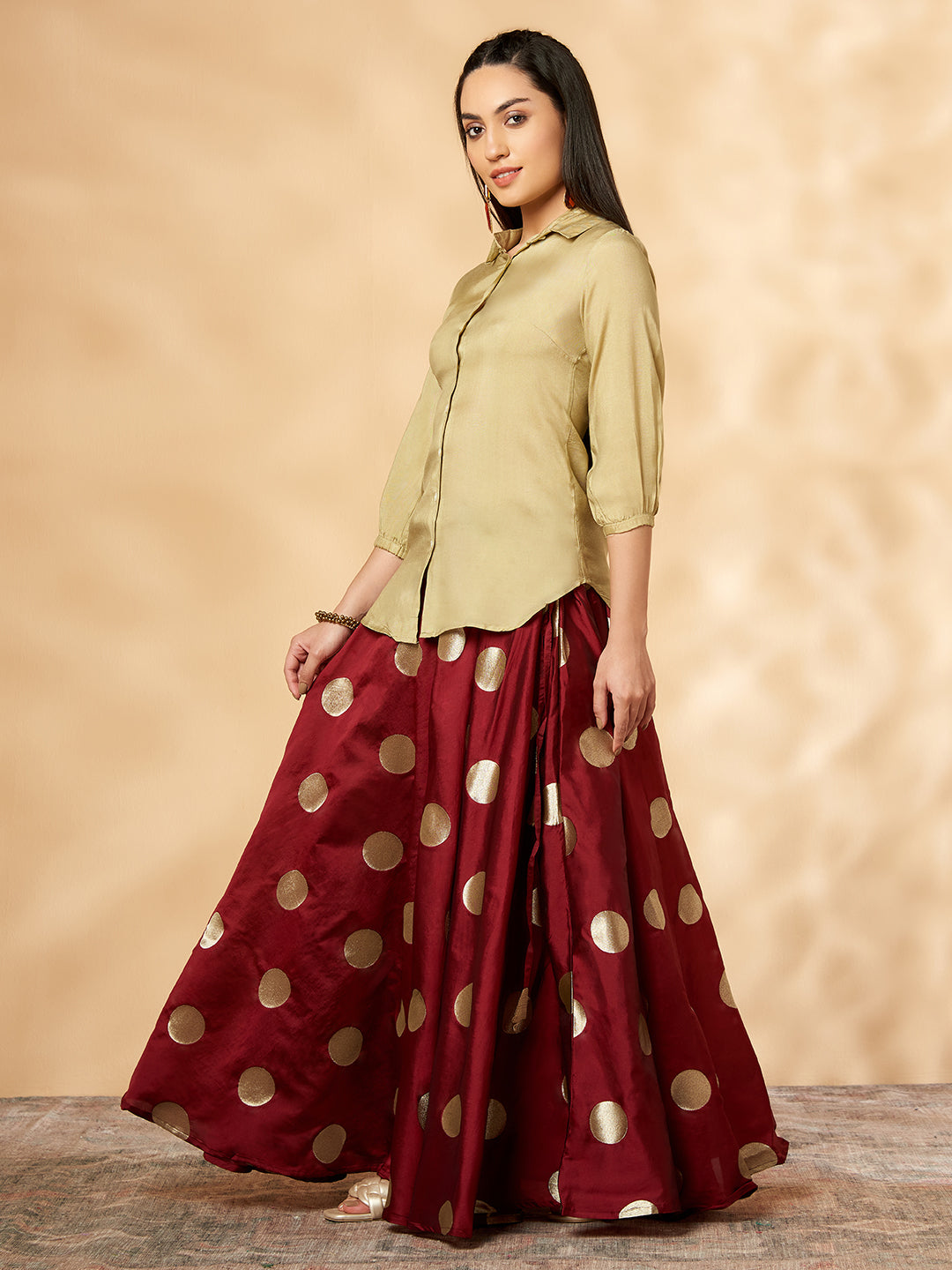 Women's Indo-Western Solid Beige Skirt With Maroon Flared Skirt Set - IMARA