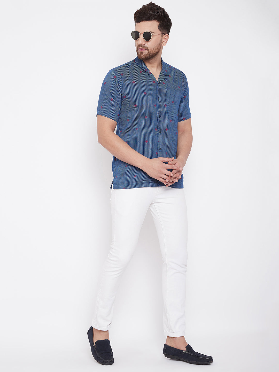 Men's Blue and White Striped Casual Shirt