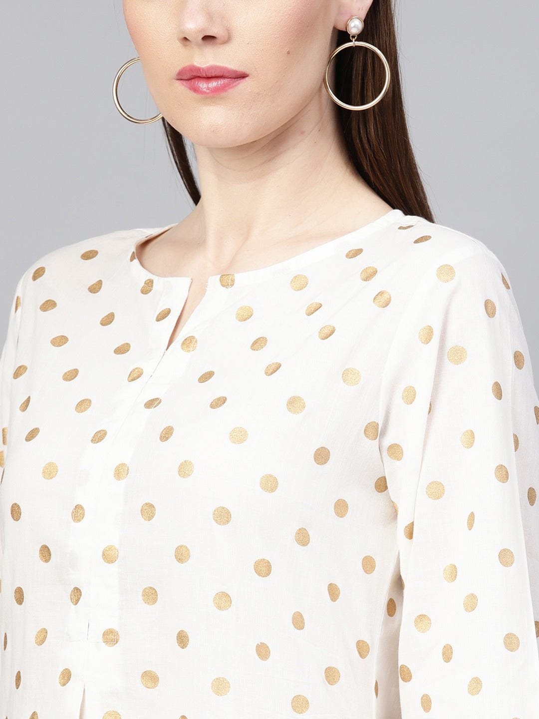 Women's White & Beige Polka Dots Printed A-Line Dress - Varanga