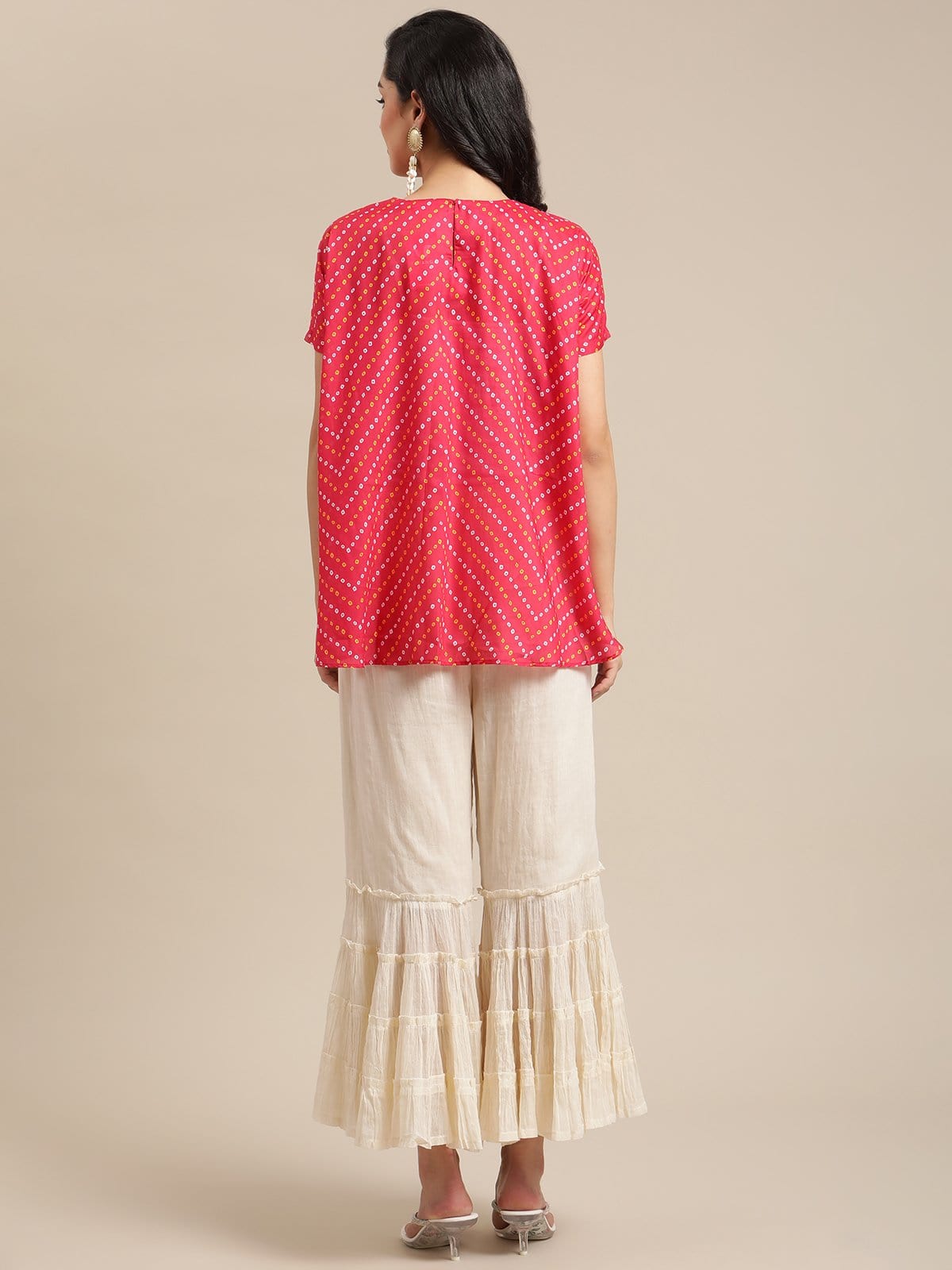 Women's Pink Bandhej Gota Patti Embellished Top With Off White Shrarara Set - Varanga