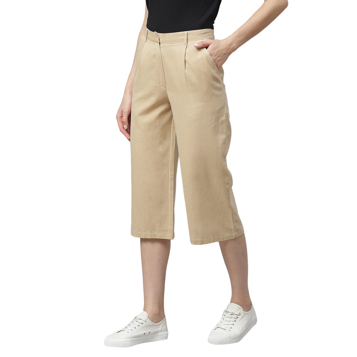 Women's Off White Cotton Solid Casual Trouser - Myshka