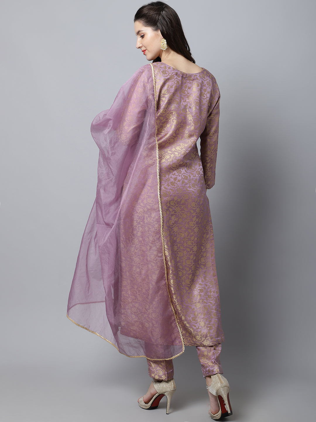 Women's Lilac Charm Brocade Straight Kurti With Straight Pants And Organza Dupatta - Anokherang