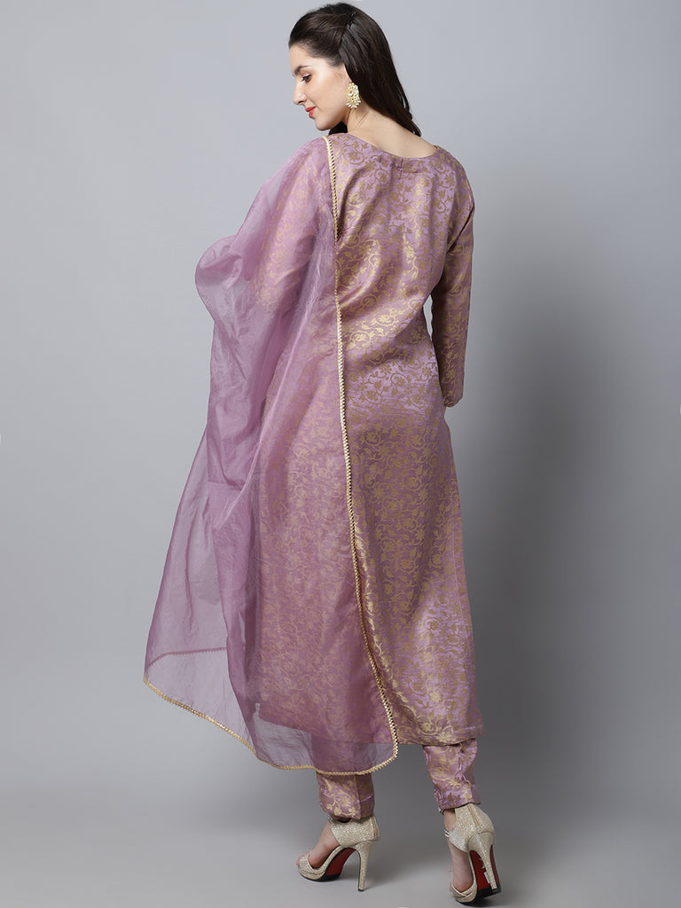 Women's Lilac Charm Brocade Straight Kurti With Straight Pants And Organza Dupatta