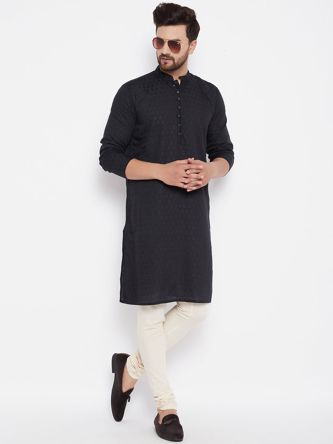 Men's Woven Design Black Straight Kurta - Even Apparels