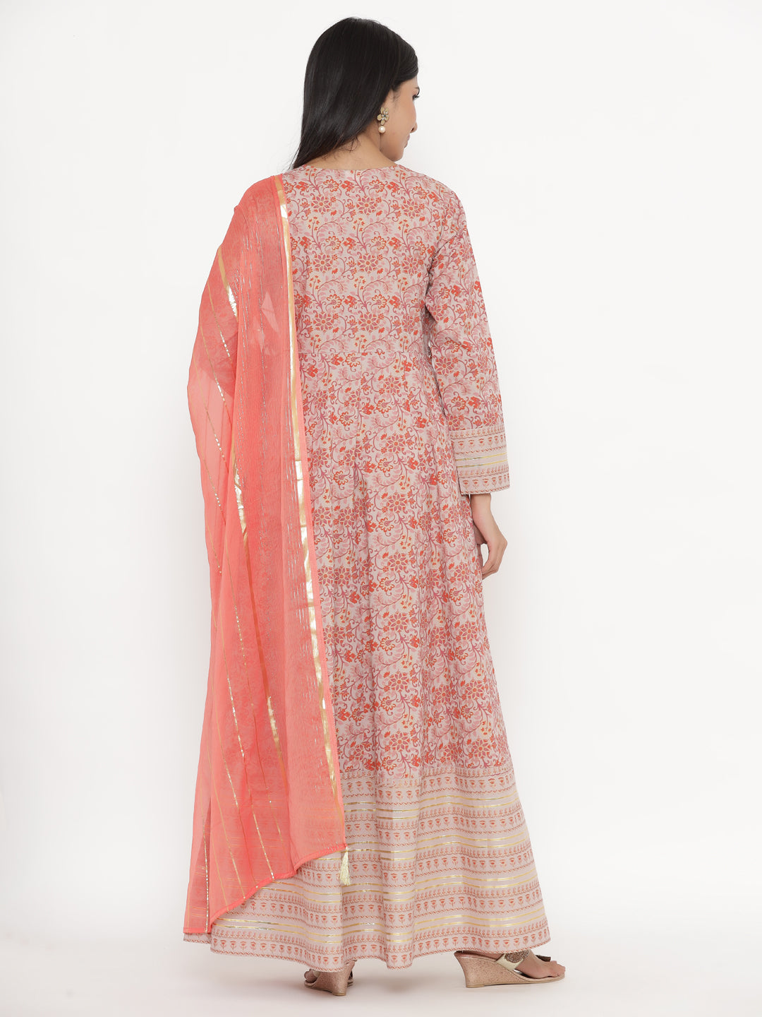 Women's Self Desgin Cotton Fabric Anarkali & Dupatta Off-White Color - Kipek