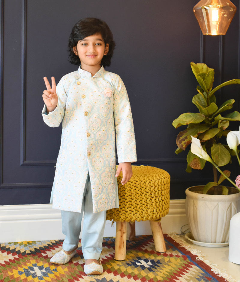 Boy's Blue Embroidery Ajkan And Pant - Fayon Kids