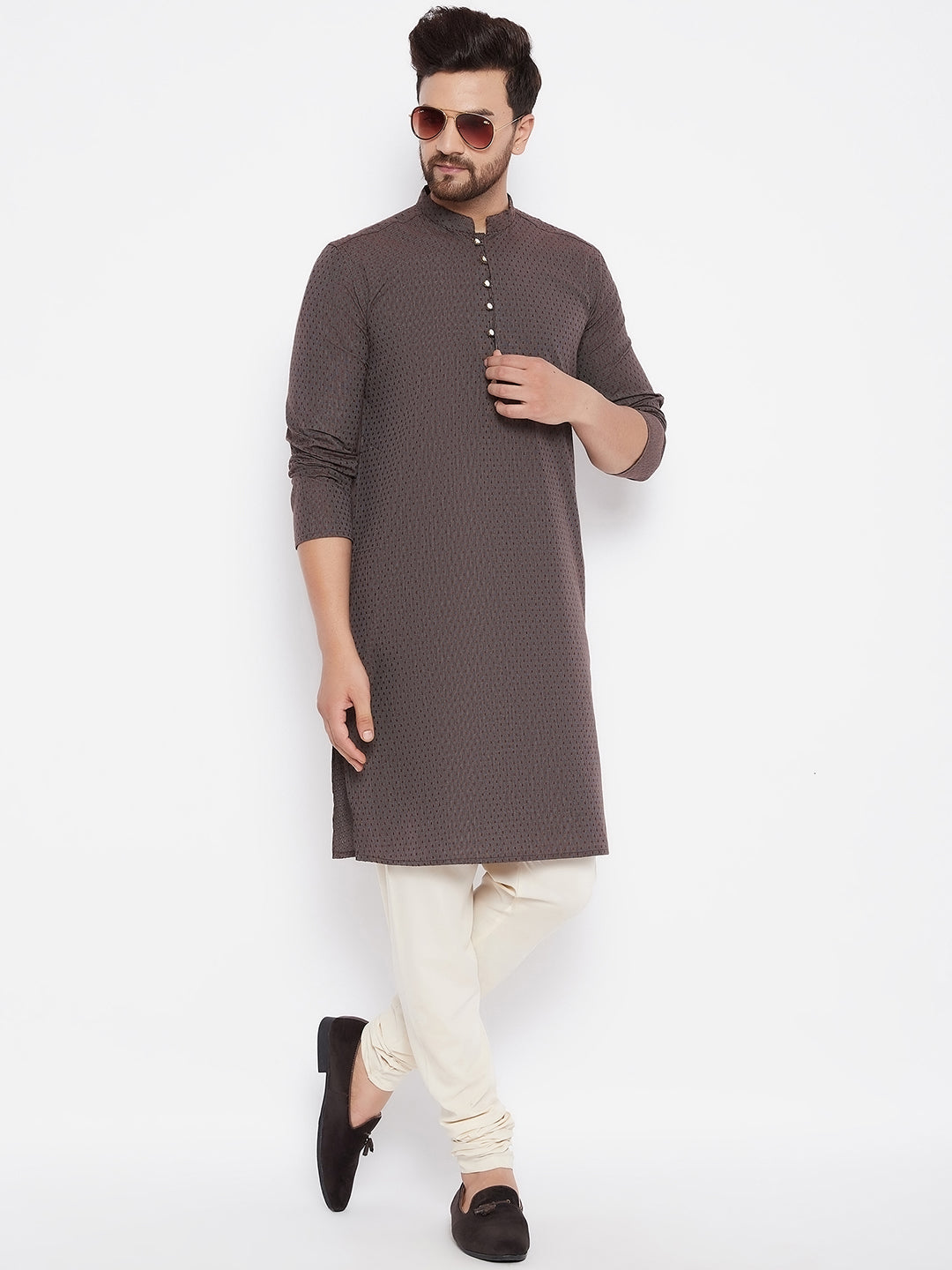 Men's Woven Design Brown Straight  Kurta - Even Apparels