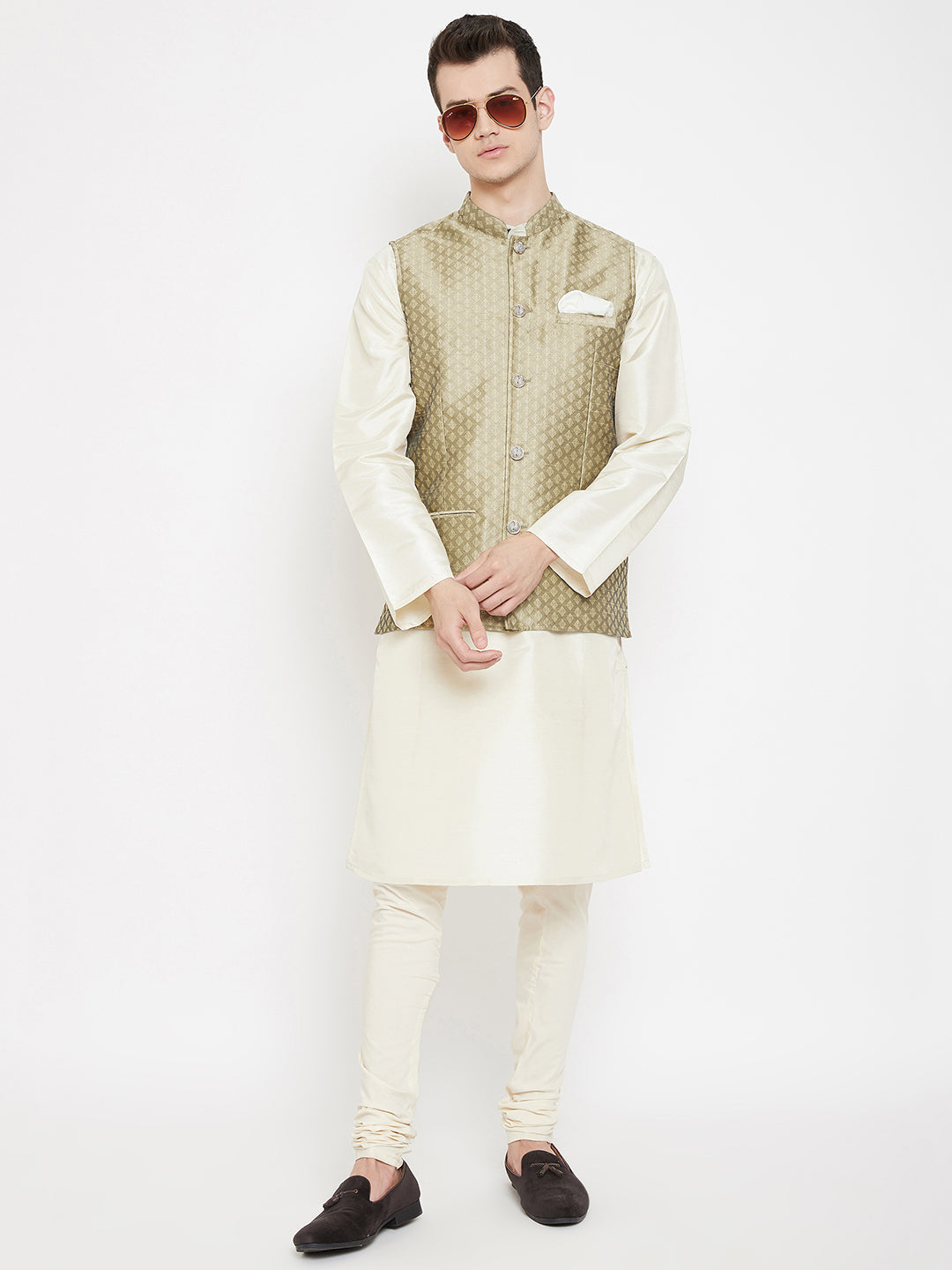 Men's Jacquard Beige Silk Nehru Jacket