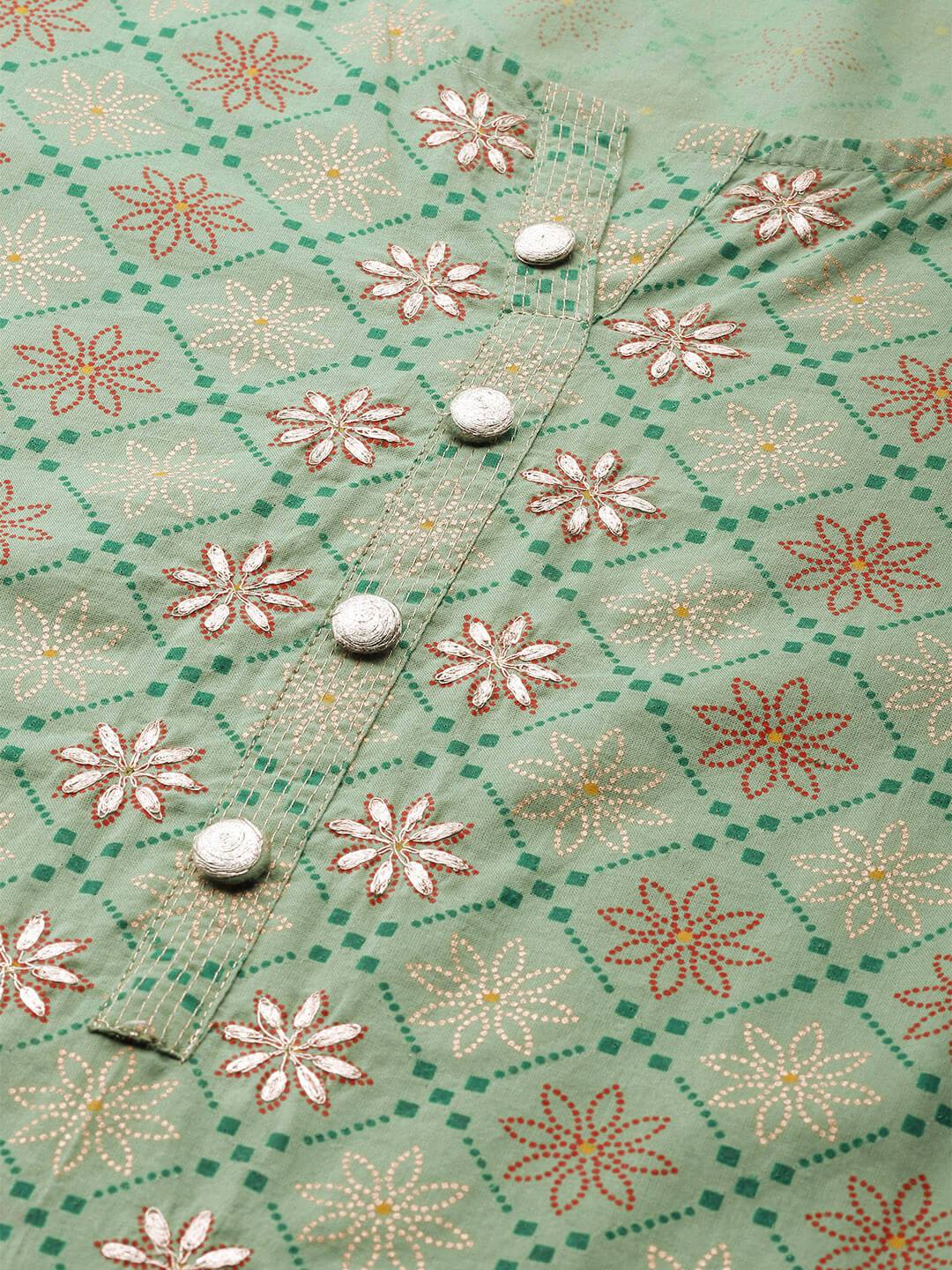 Women's Cotton Printed with Zari work & embroidered buttons detailing Kurta - Maaesa