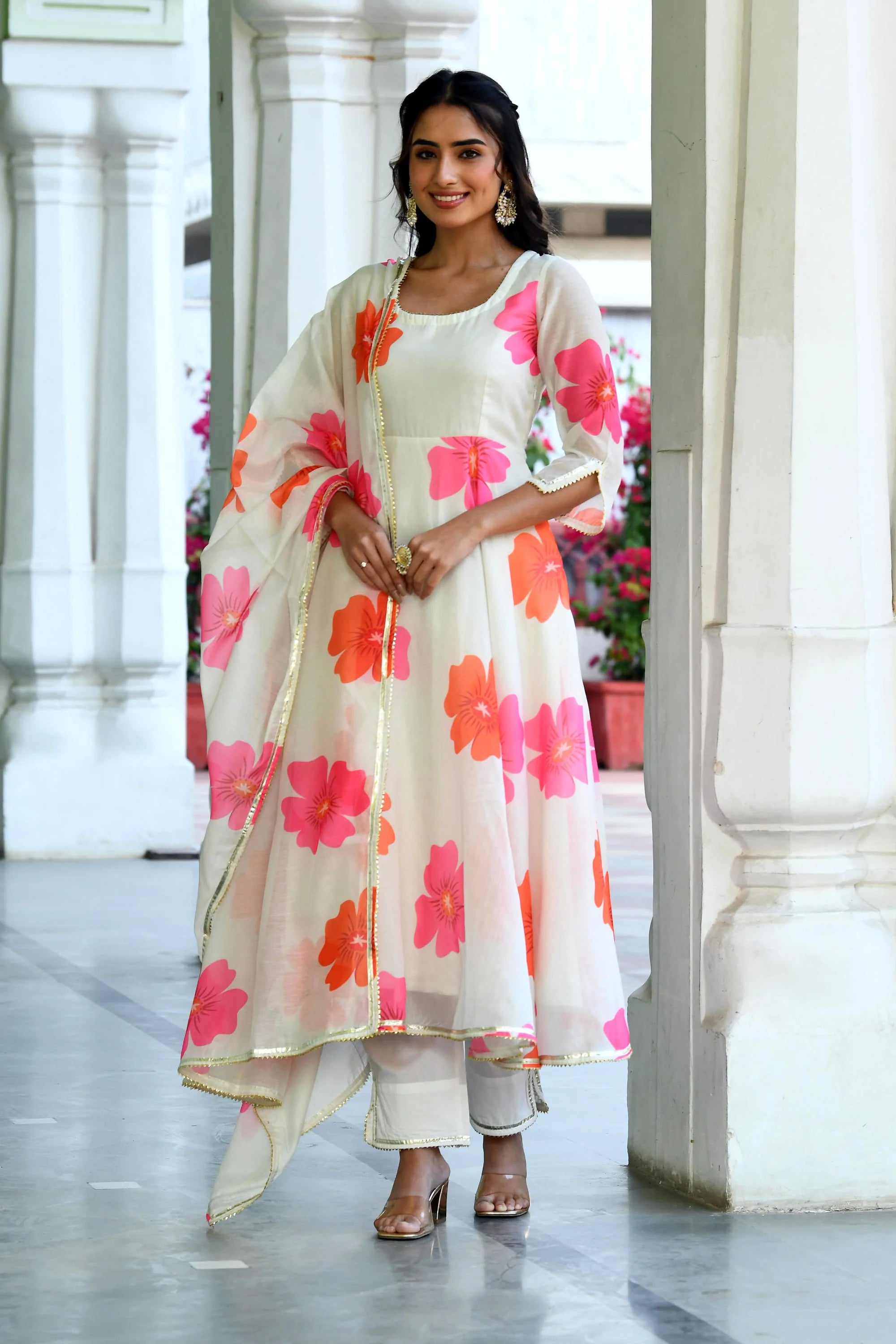 Women's Floral Print White Anarkali Suit - Saras The Label - (3Pc Set)