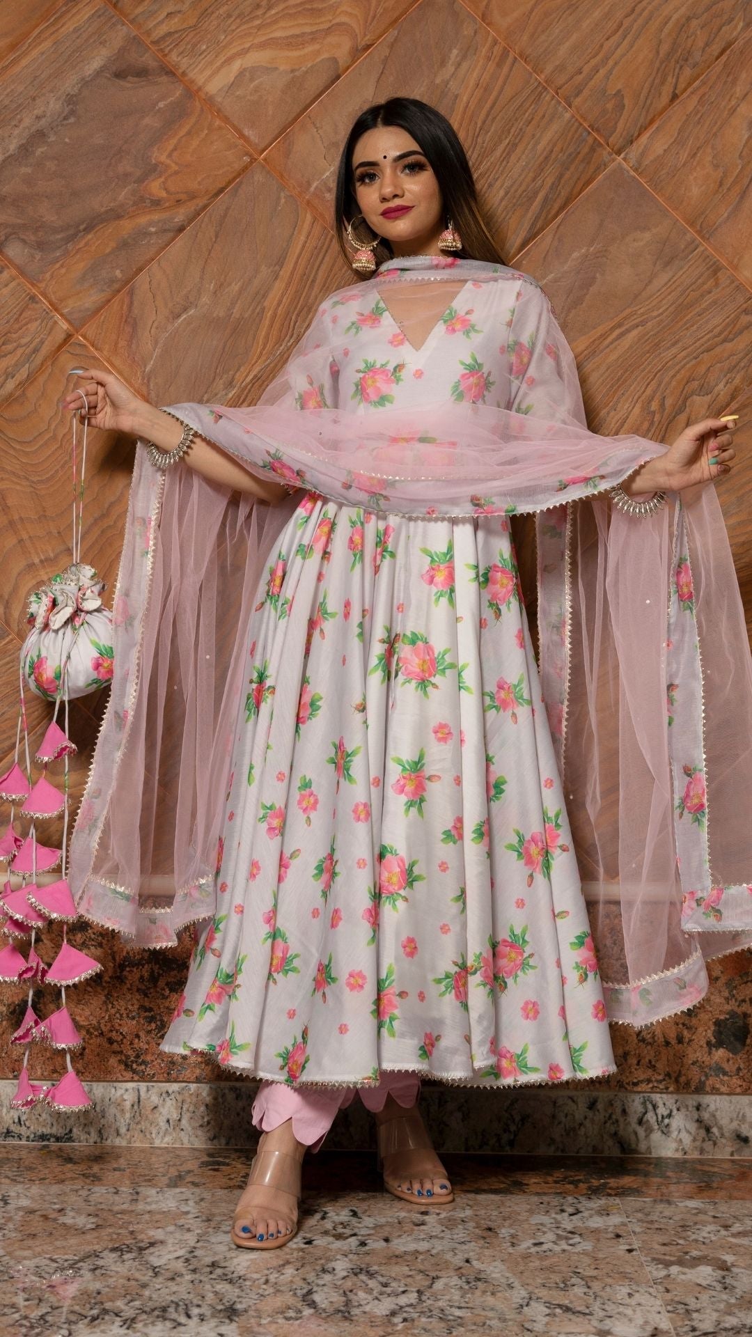 Women's Flamingo Chandheri Anarkali  Set - Pomcha Jaipur
