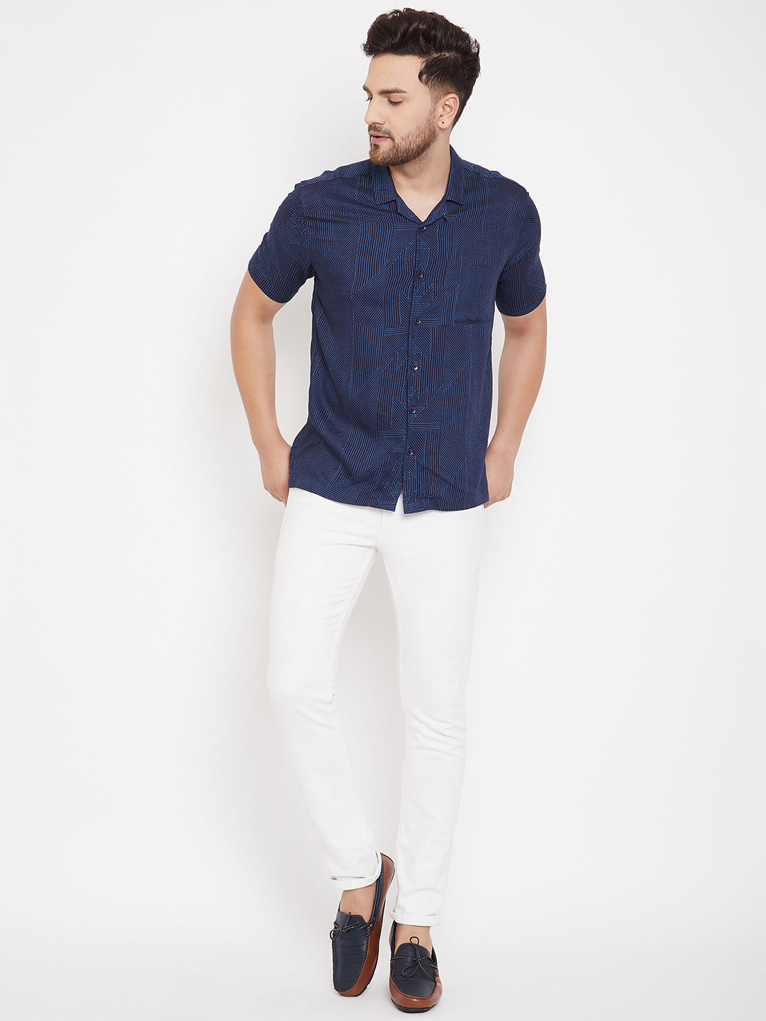 Men's Striped Navy Blue Cuban Collar Shirt