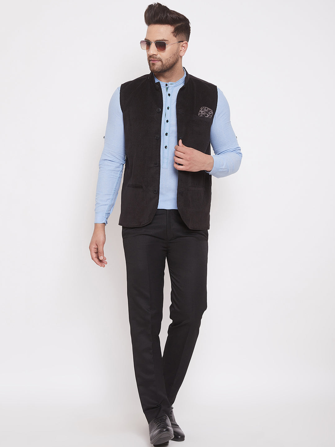 Men's Black Corduroy Solid Nehru Jacket