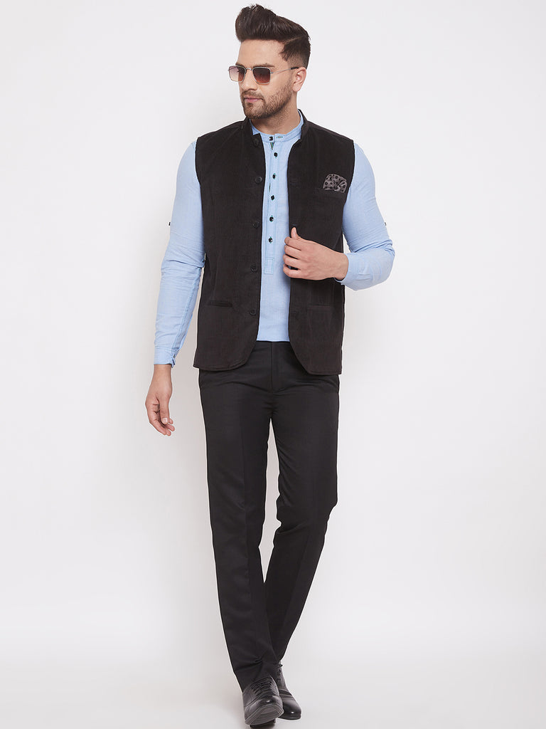 Men's Black Corduroy Solid Nehru Jacket