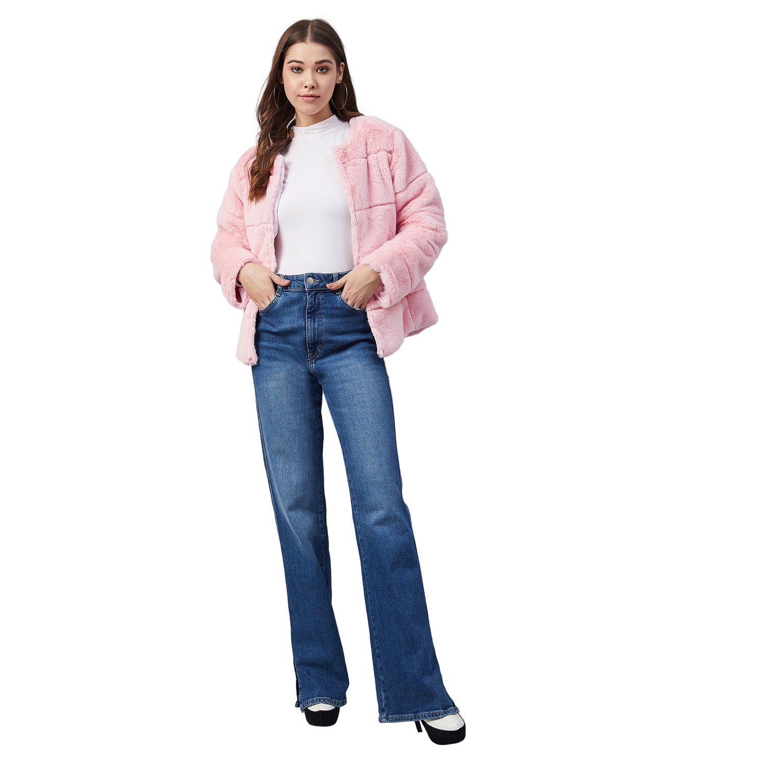 Women's Pink Faux Fur Open Jacket - StyleStone