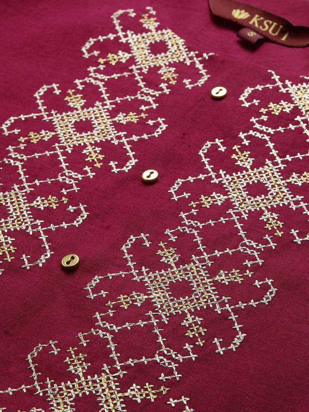 Women's KSUT Fuchsia And Gold Yoke Embroidery Kurta With 3/4Th Sleeves - Varanga
