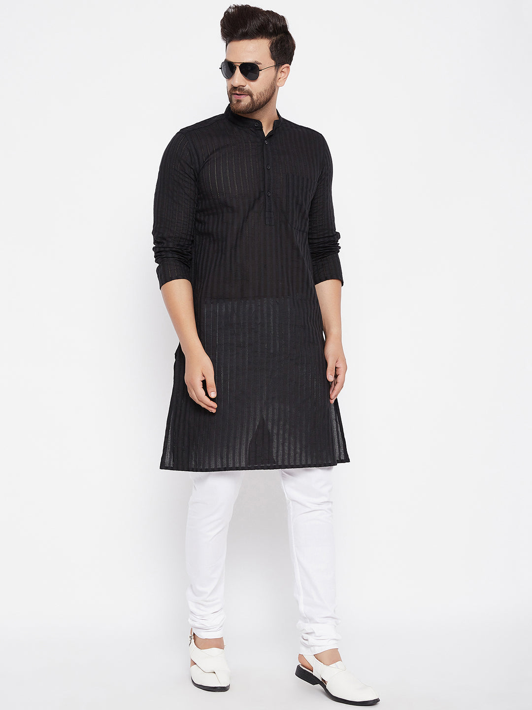 Men's Pure Cotton Striped Black Kurta - Even Apparels