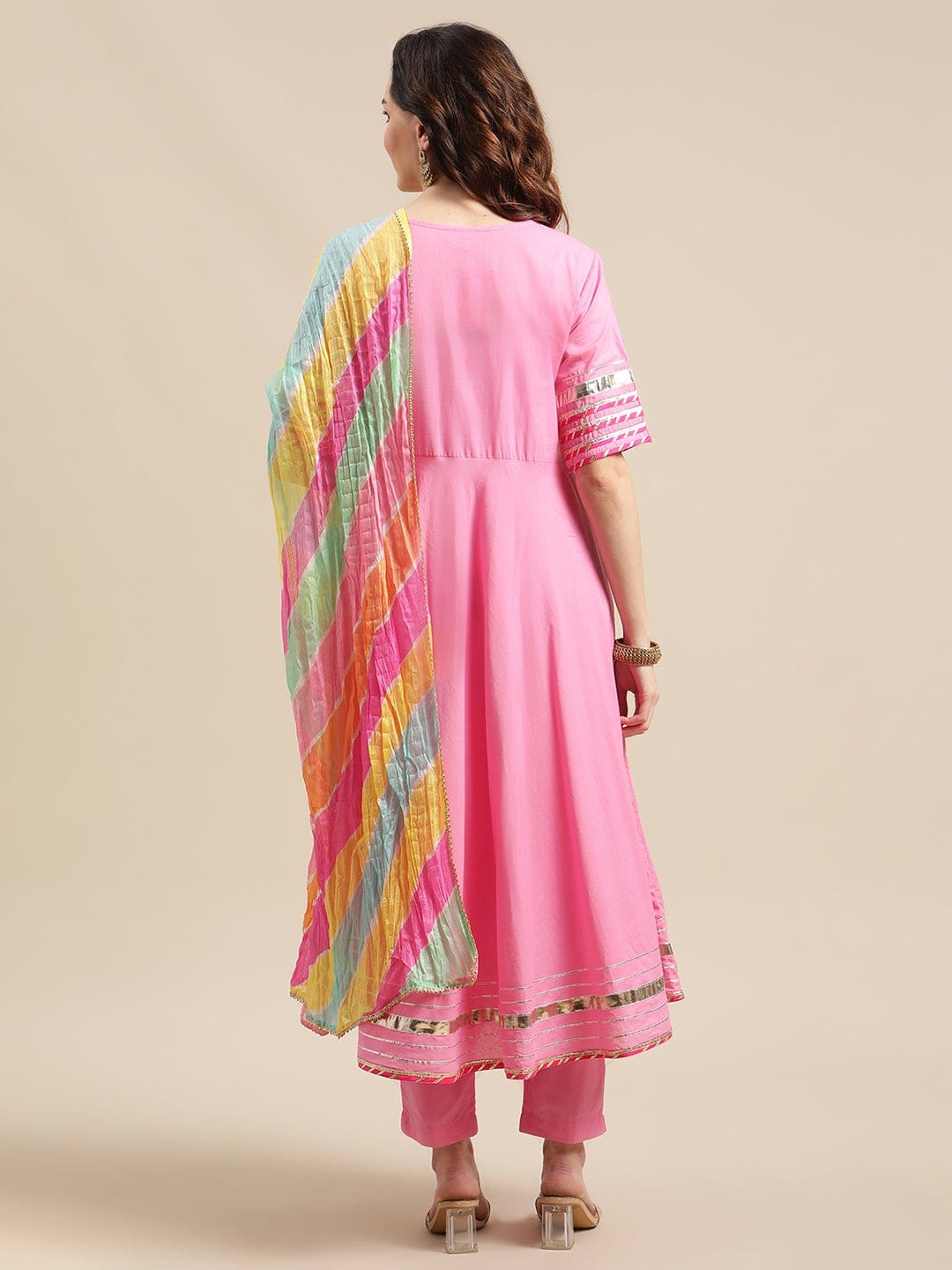 Women's Pink Flared Angrakha Kurta Set With Multi Colour Leheriya Dupatta - Varanga